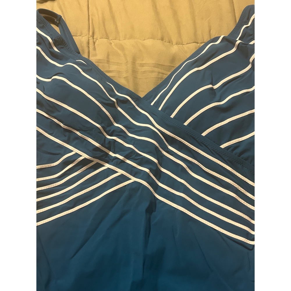 Gottex Essentials Teal Blue Striped Surplice One Piece Swimsuit 20 25EE158 NEW - Picture 3 of 5